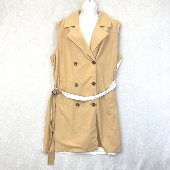 Nine West Jackets & Blazers - Nine West Sleeveless Trench Vest Womens 2XL Tan White Belted Double Breasted‎